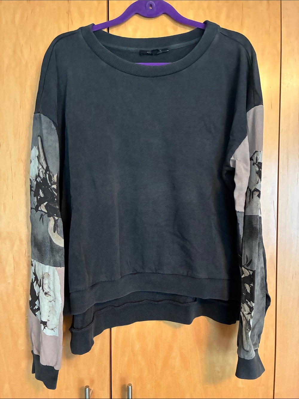 All Saints Black Pullover Sweatshirt with Floral-Print Sleeves